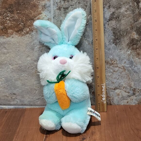 Vintage Kaybee Blue And White Bunny Rabbit Holding Carrot Plush - Picture 6 of 11